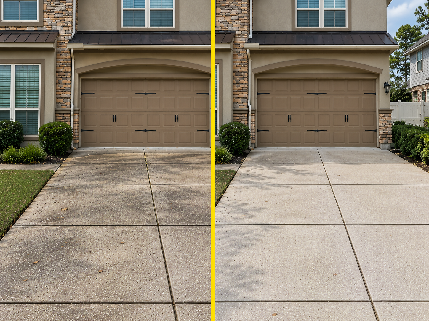 Before and after driveway cleaning showing the removal of dirt and buildup from concrete