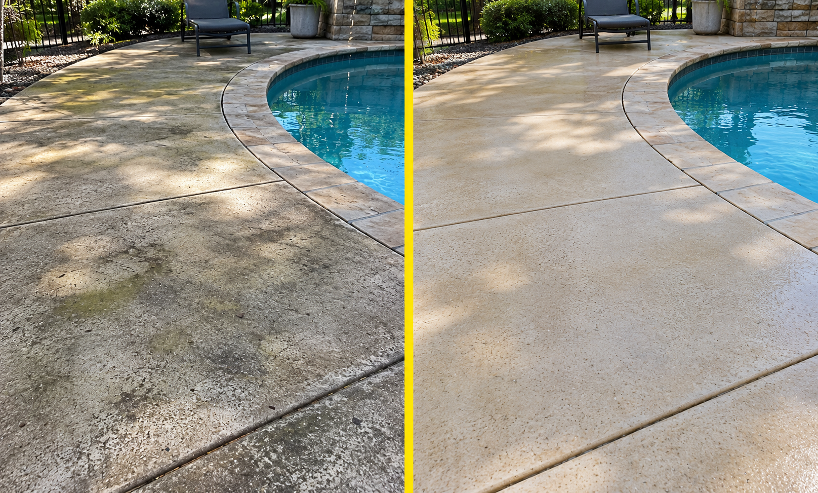 Before and after pool deck cleaning showing dark stains and buildup removed from the concrete surrounding a swimming pool.