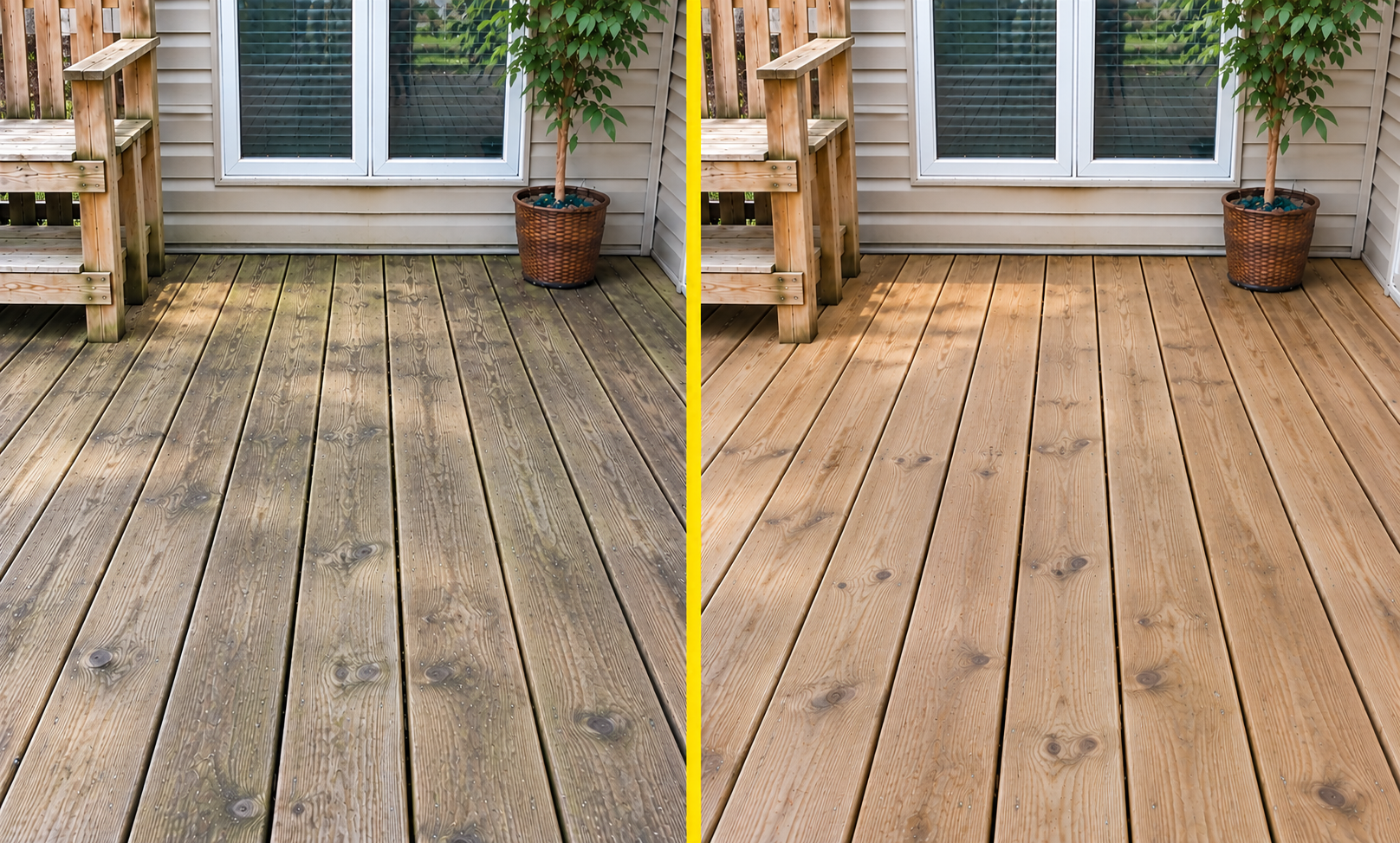 Before and after wooden deck cleaning showing weathered boards and a cleaner deck.